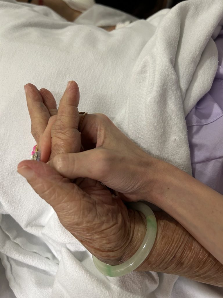 Irene Qiu and Grandmother Closeup Holding Hands